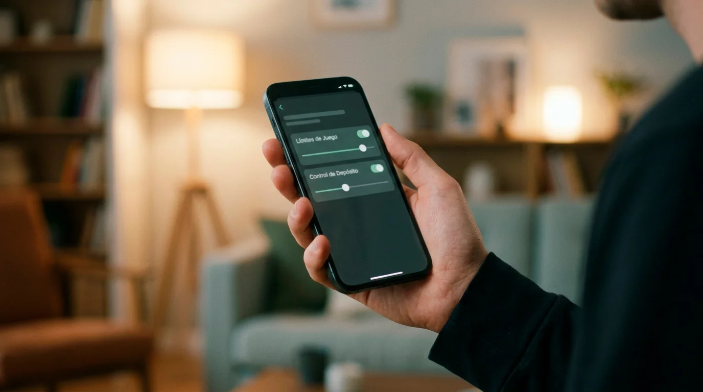 Mano sosteniendo un telefono movil con la pantalla de configuracion de limites de deposito de un operador de apuestas